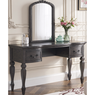 Sunvega Black Wooden Carved Vanity Set with Mirror Stool and Drawers