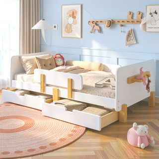Sunvega Twin Size Solid Wood Platform Bed with Storage Drawers and Guardrail