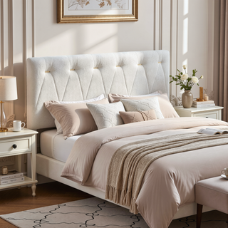 Sunvega Soft Teddy Bear Wheat Color Fabric Upholstered Queen Platform Bed