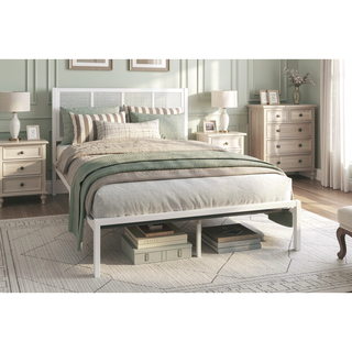 Sunvega White Faux Cane Panel Headboard King Platform Bed with Metal Frame