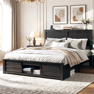 Sunvega Queen Bed Frame with Upholstered Headboard and LED Lighting Charging Station