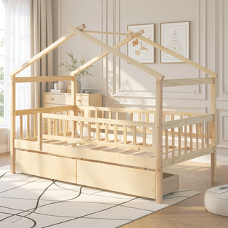 Sunvega Twin Size Wooden House Bed with Two Drawers and Headboard in White