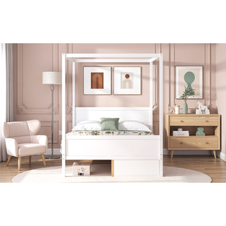 Sunvega Modern White Queen Size Canopy Platform Bed with Headboard and Footboard