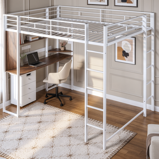 Sunvega Full Size Metal Loft Bed with Desk and 2 Shelves White