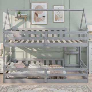 Sunvega Twin over Twin House Bunk Bed with Fence and Door in Gray