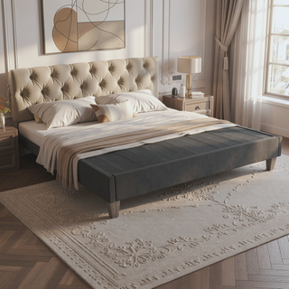 Sunvega Easy Assembly Modern Faux-Wood Legs Fabric Covered Twin Bed Frame