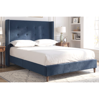 Sunvega Blue Velvet King Bed with Nailhead Trim Wingback and Buttoned Tufting