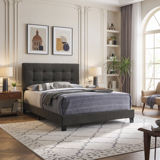 Sunvega Tufted Queen Panel Bed with Low Platform for Modern Bedroom Decor