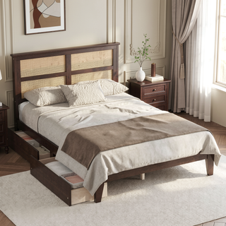 Sunvega Full Size Bed with Rattan Headboard Two Storage Drawers and Enhanced Support Slats