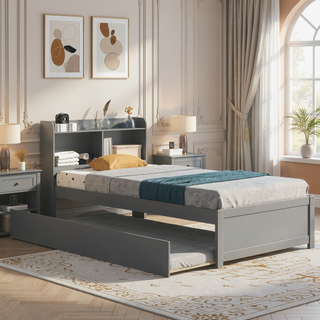 Sunvega White Twin Trundle Bed with Storage Headboard and Bookcase