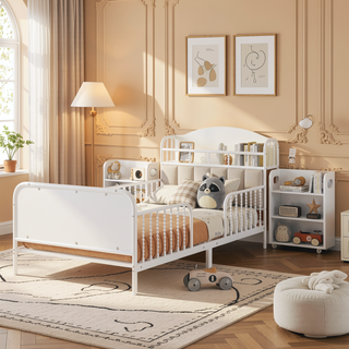 Sunvega Kids Full Metal Bed with Upholstered Headboard LED Lights and Storage