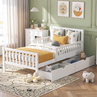 Sunvega Twin Size Walnut Wood Platform Bed with Guardrails and Two Storage Drawers