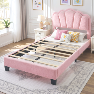 Sunvega Elegant Flower Upholstered Headboard LED Light Strip Sherpa Fabric Twin Bed