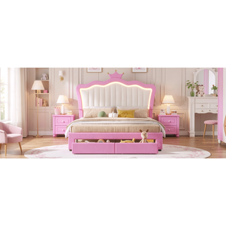 Sunvega Full Size Pink and White Upholstered Princess Bed with Crown Headboard
