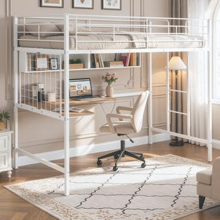 Sunvega Twin Metal Loft Bed with Desk, Metal Grid and Guardrail for Bedroom