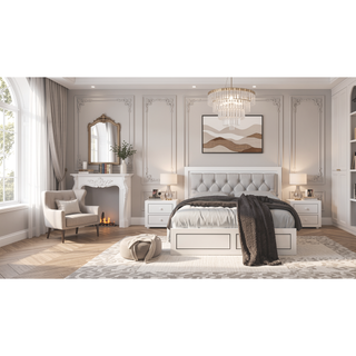Sunvega Queen Bed with LED Light Padded Headboard in Grey and White Synthetic Leather