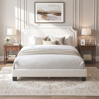 Sunvega Upholstered Platform Bed with Padded Headboard and Nailhead Trim Accents