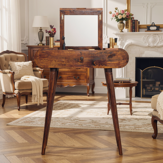 Sunvega Solid Mango Wood Mini Foldable Vanity Table with Mirror and Drawer