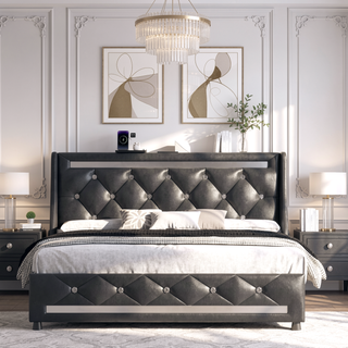 Sunvega Queen Size Bed Frame with Headboard LED Lights Charging Station Storage