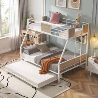 Sunvega Twin Over Full Metal Bunk Bed with Trundle and Guardrail for Bedroom