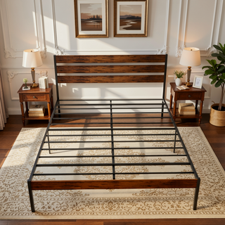 Sunvega Queen Size Rustic Wood Headboard and Footboard Iron Platform Bed Frame