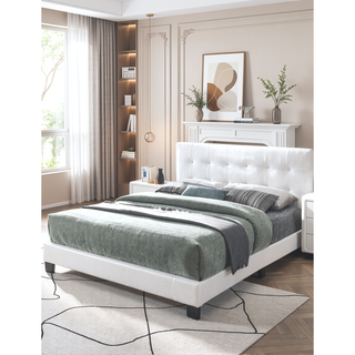 Sunvega Modern Style White Faux Leather Rectangle Headboard Full Size Bed