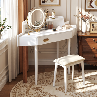 Sunvega Space-Saving Corner Makeup Vanity with Tri-Folding LED Mirror and Stool