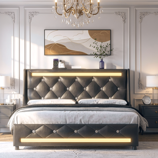 Sunvega Queen Size Bed Frame with Headboard LED Lights Charging Station Storage