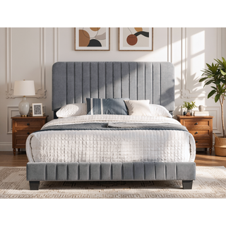 Sunvega Full Bed with Chic Tufted Headboard and Vibrant Blue Hue in One Box