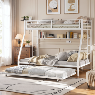 Sunvega High-Stability Square Tube Bunk Bed with Ladder & Rolling Trundle for Home Dormitory
