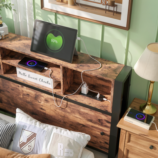 Sunvega Twin Size Bed Frame with Storage Headboard, Charging Station, and Bookcase