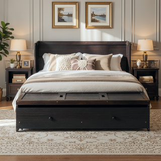 Sunvega Espresso Full Size Murphy Bed with USB Port and Large Drawer for Space Saving