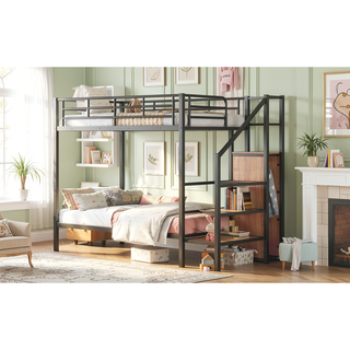 Sunvega Twin Over Twin Metal Bunk Bed with Lateral Ladder and Wardrobe in White