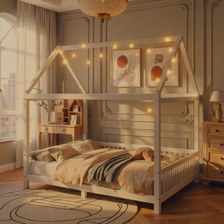 Sunvega White House Shaped Full Size Bed with Guardrail and LED Lights