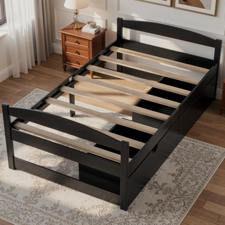 Sunvega White Twin Size Platform Bed with Trundle and Headboard Footboard