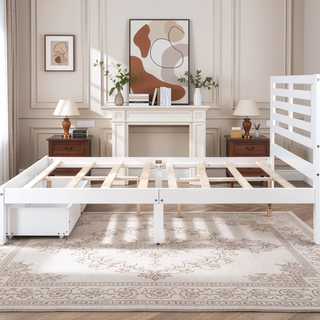 Sunvega White Full Size Platform Bed with Drawers for Extra Storage