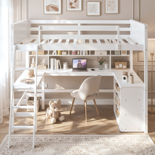 Sunvega Sturdy Pine Wood Loft Bed with Desk and Bookshelves for Space Saving