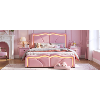 Sunvega Pink Twin Size Upholstered Bed with Height-Adjustable Headboard and LED Light Strips
