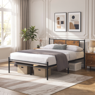 Sunvega Twin Size Metal Bed Frame with Wood Panel Headboard and Under Storage