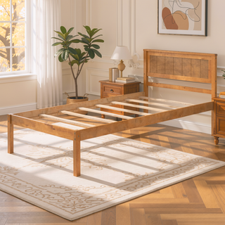 Sunvega Sturdy Wood Platform Bed Frame with Headboard for Queen Size Oak Finish