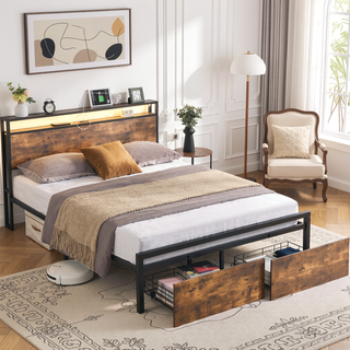 Sunvega Queen Size RGB LED Bed Frame with Storage Headboard and Charging Station