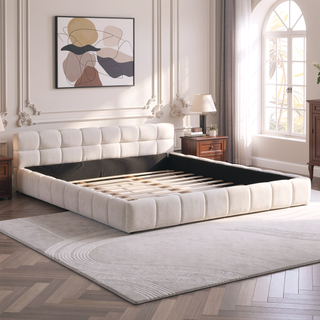 Sunvega Elegant Beige Chenille Upholstered King Bed with Checkerboard Headboard