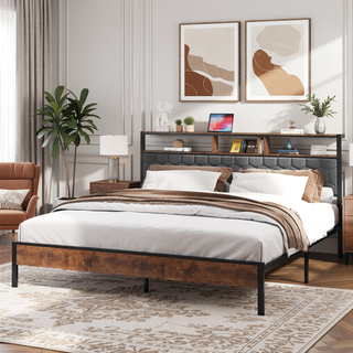 Sunvega Queen Bed Frame with Vintage Shelf Headboard and USB Charging Station
