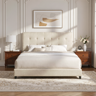 Sunvega Dynasty Beige King Size Tufted Upholstered Platform Bed with CertiPUR-US Foam