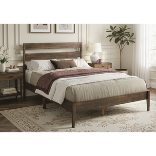 Sunvega Modern Walnut Wood Queen Size Platform Bed Frame with Slatted Headboard