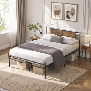 Sunvega Twin Size Metal Bed Frame with Wood Panel Headboard and Under Storage