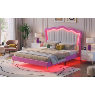 Sunvega Full Size Upholstered Princess Bed with Crown Headboard and LED Lights