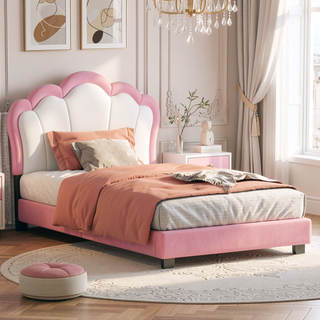 Sunvega Cream Pink Full Size Princess Bed with Crown Headboard and Footboard