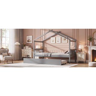 Sunvega Twin Size Wooden House Bed with Trundle and Headboard for Kids Room