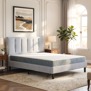 Sunvega Modern Channel Tufted Linen Stone Upholstered Full Size Platform Bed